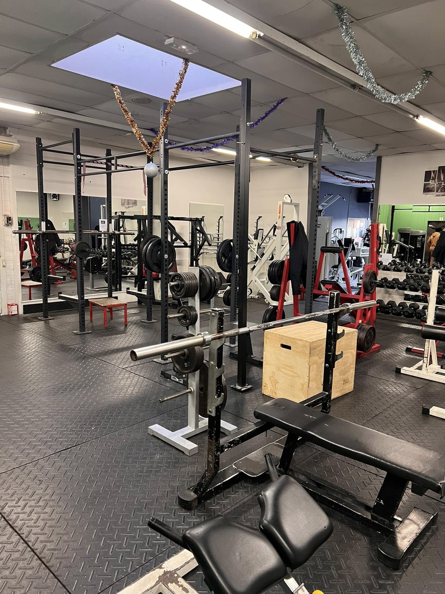 Vue de la salle — cage squat, machines et espace d'entraînement